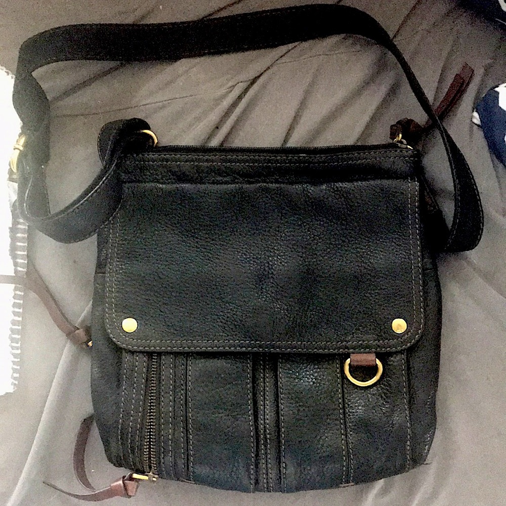Fossil black leather crossbody with gold and brown accents EUC